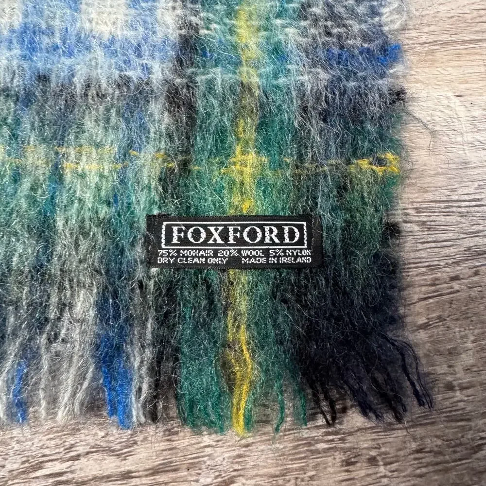 Foxford Green Blue Plaid Mohair Wool Scarf Fringe Cozy Winter